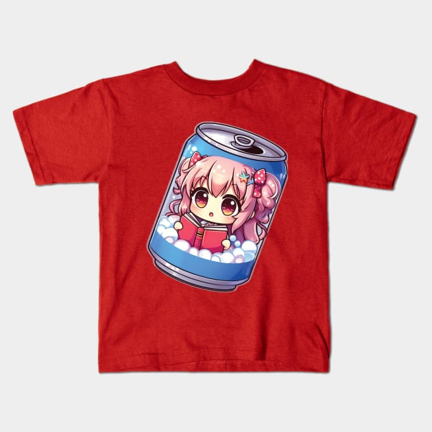 Anime Girl reading a book inside a soda can Kids T-Shirt by blue-koala